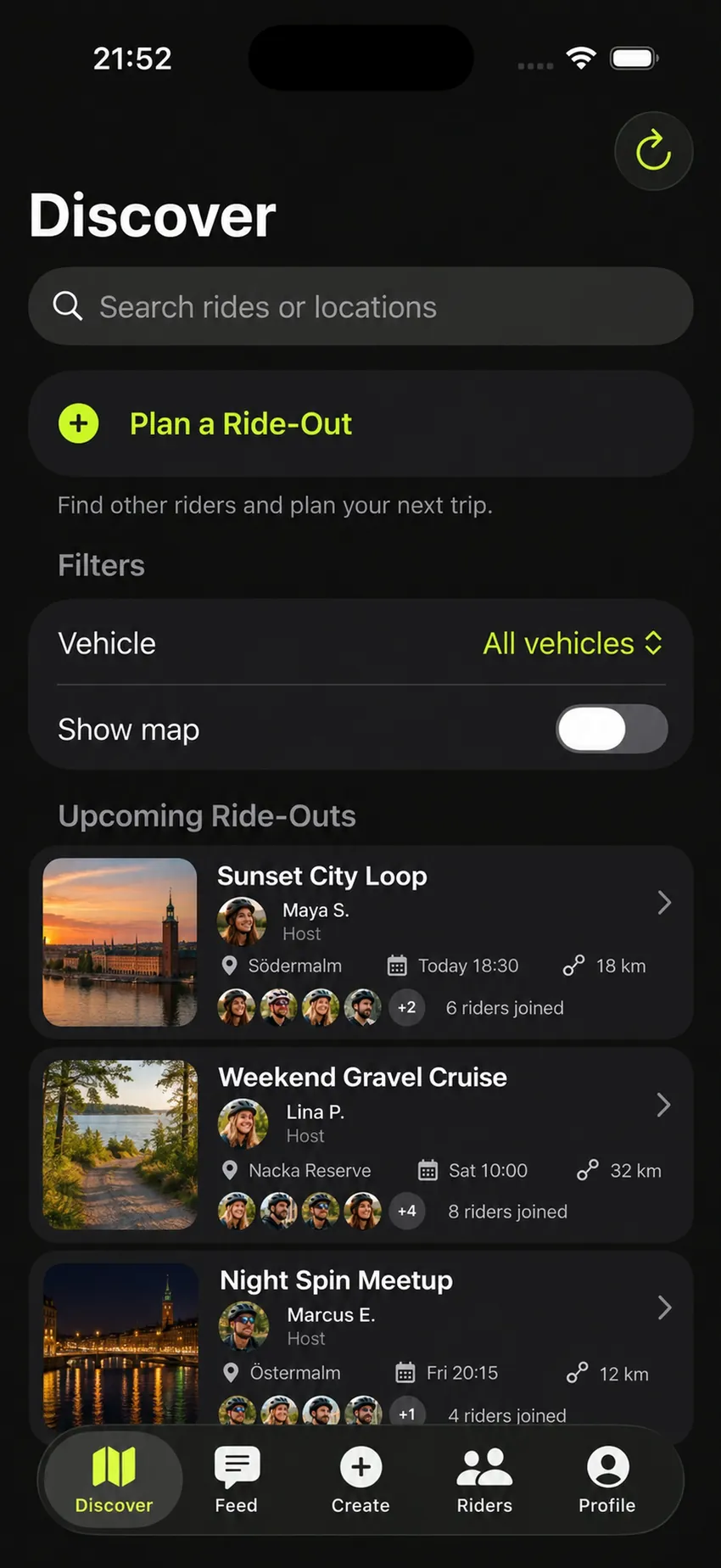 Preview of RideZone showing upcoming group rides