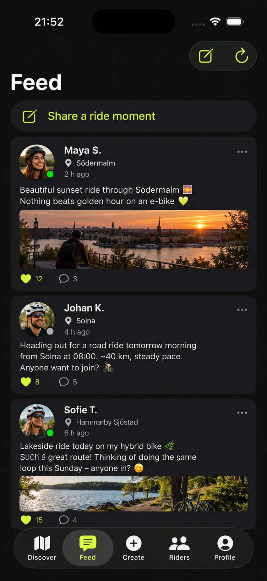 Community feed showing rider posts