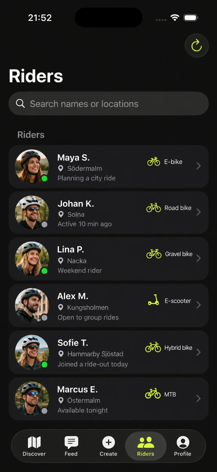 Riders screen with profiles and bike types